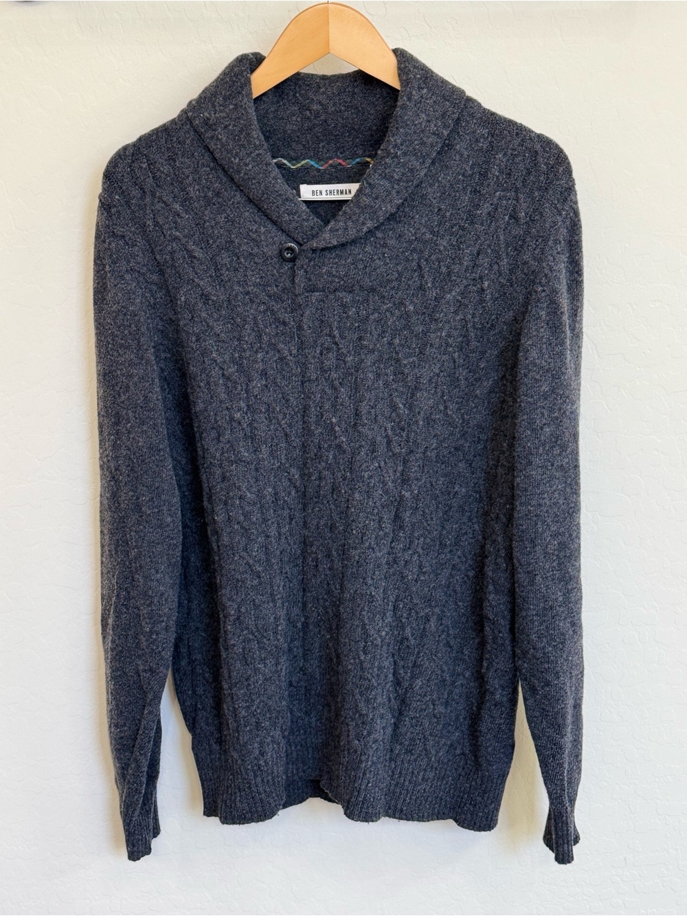 Ben Sherman Lambswool Blend Shawl Collar Cable Knit Sweater Gray Men's Large L